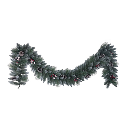 9' Sterling Pine Artificial Garland with Pine Cones, Red Berries and Silver Glitter accents