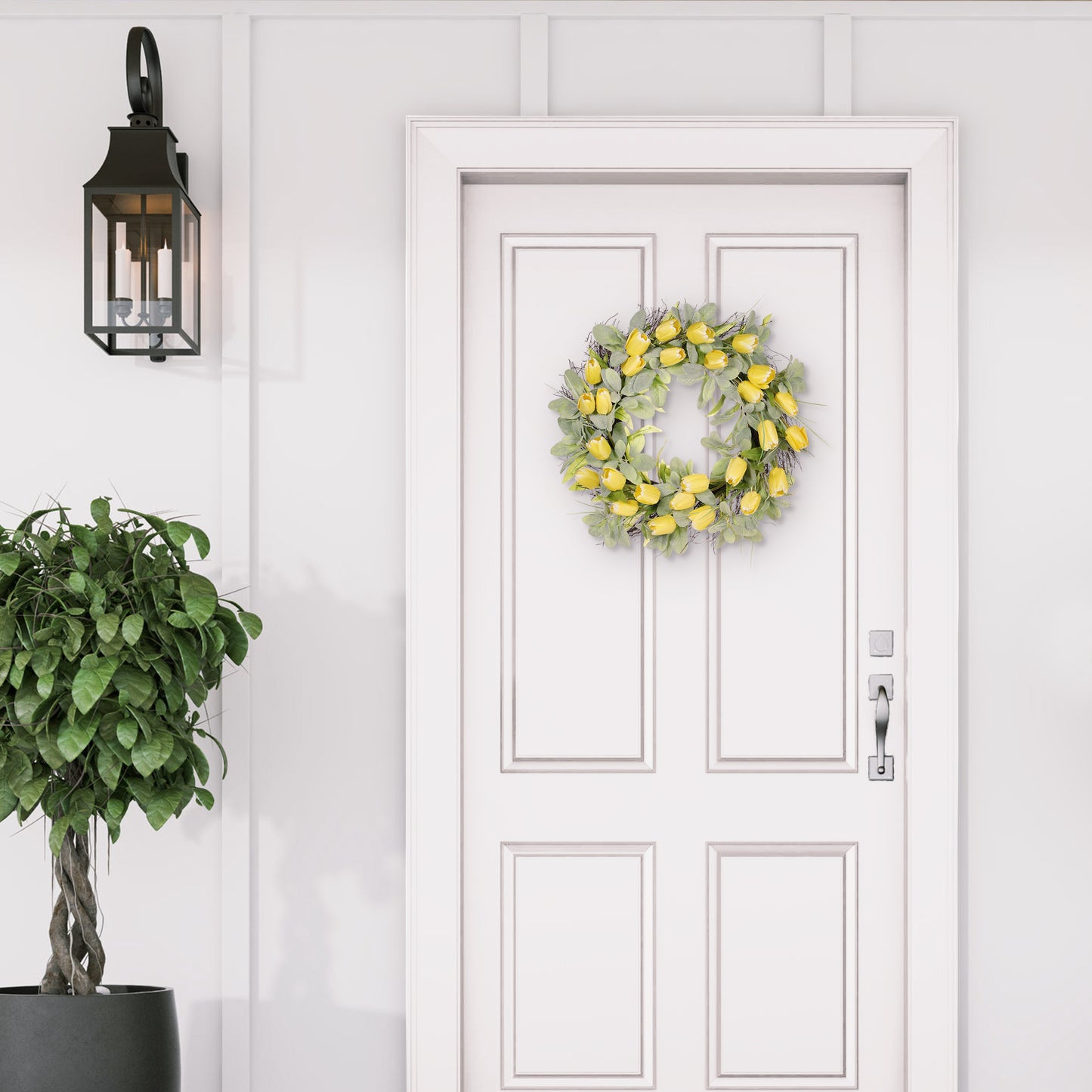 24" Artificial Tulip Floral Spring Wreath With Green Leaves