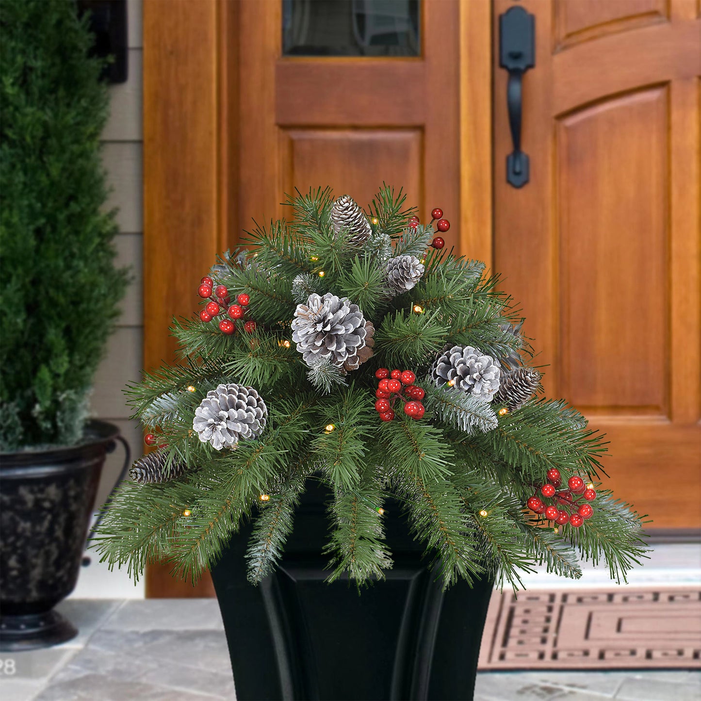 18" B/O Urn Filler, 62 Tips, 35 Warm White LED Lights (3 x AA batteries not included), 6/18 Hours On/Off Time Function, Pine Cones & Berries