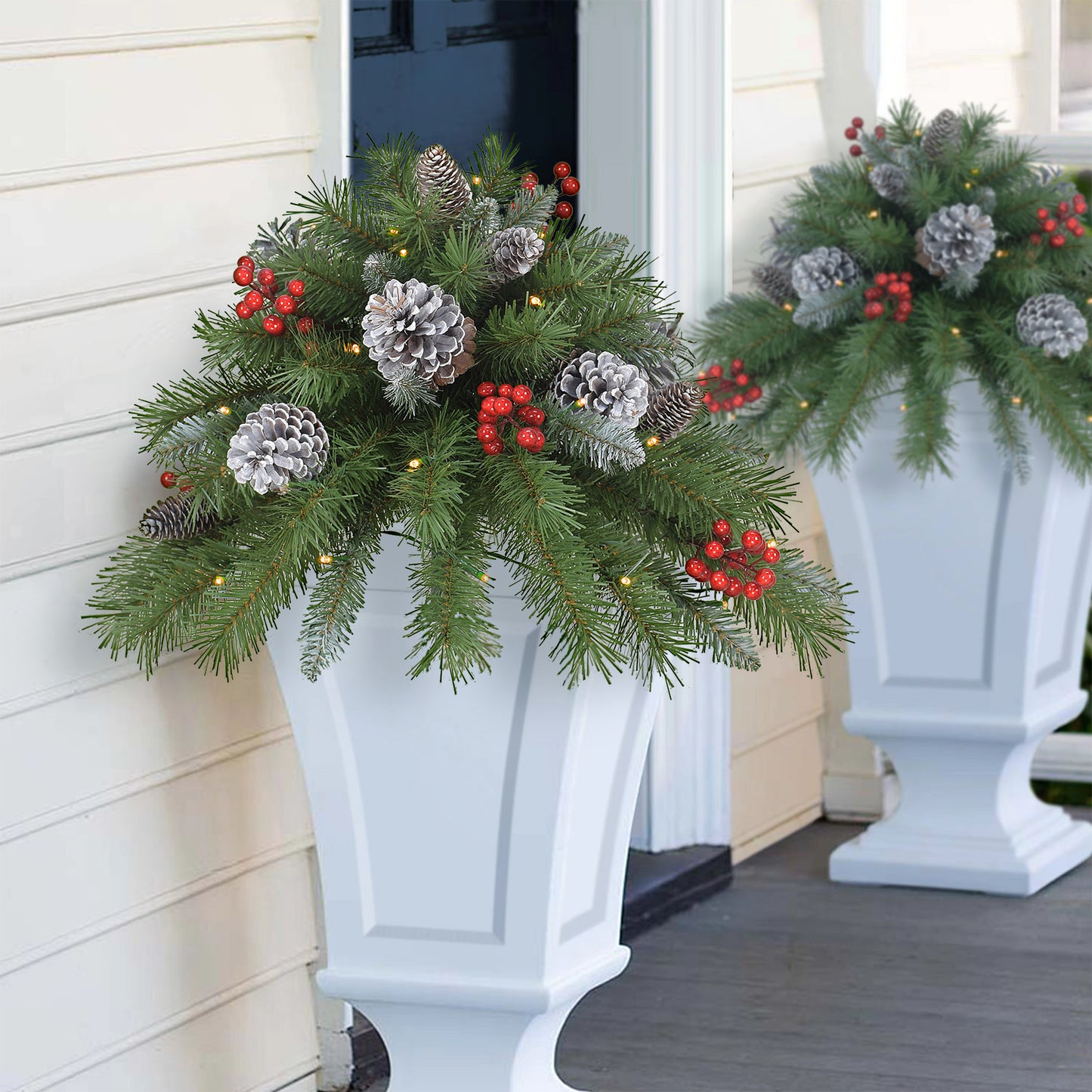 18" B/O Urn Filler, 62 Tips, 35 Warm White LED Lights (3 x AA batteries not included), 6/18 Hours On/Off Time Function, Pine Cones & Berries