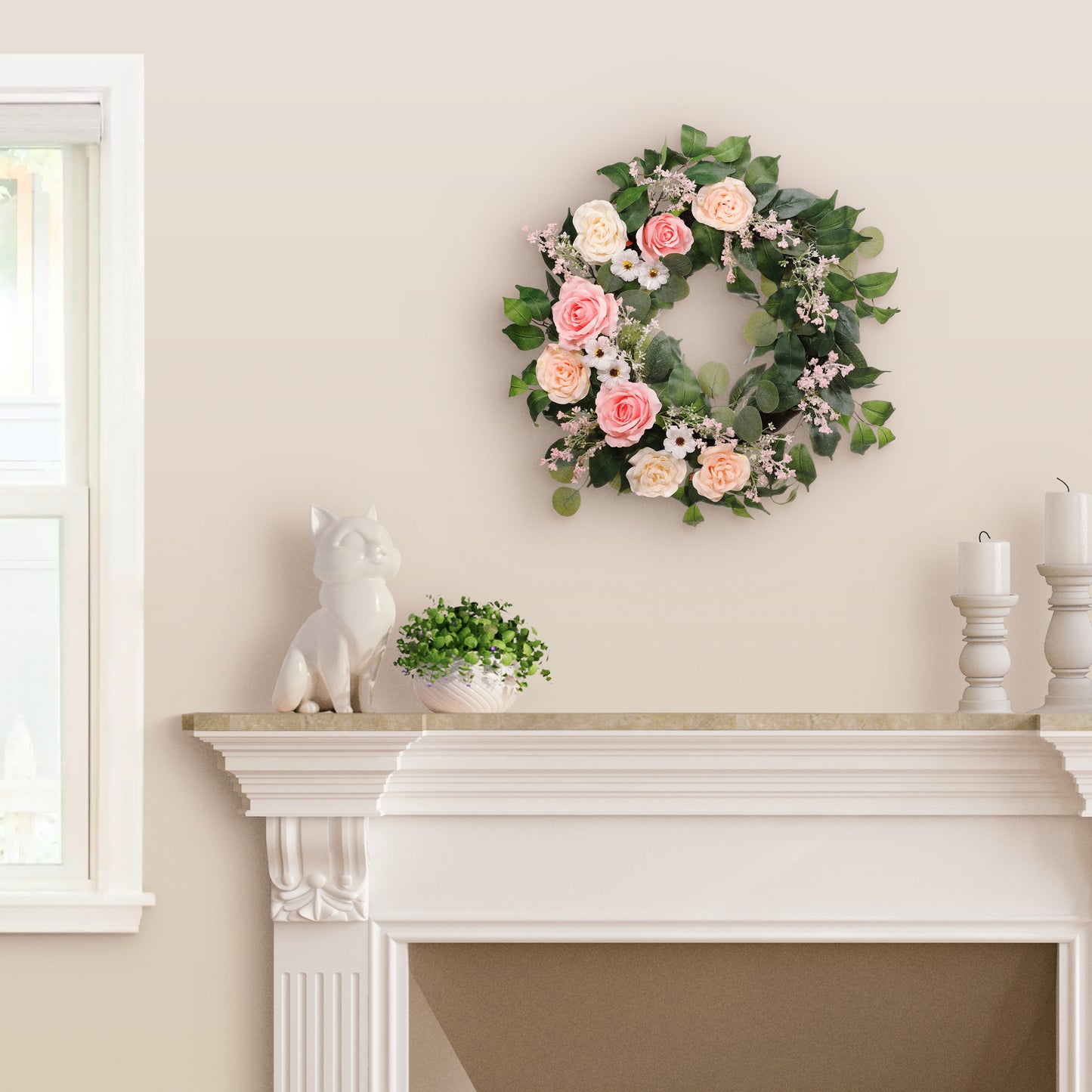 24" Artificial Rose,Camellia,babysbreath Floral Spring Wreath With Green Leaves