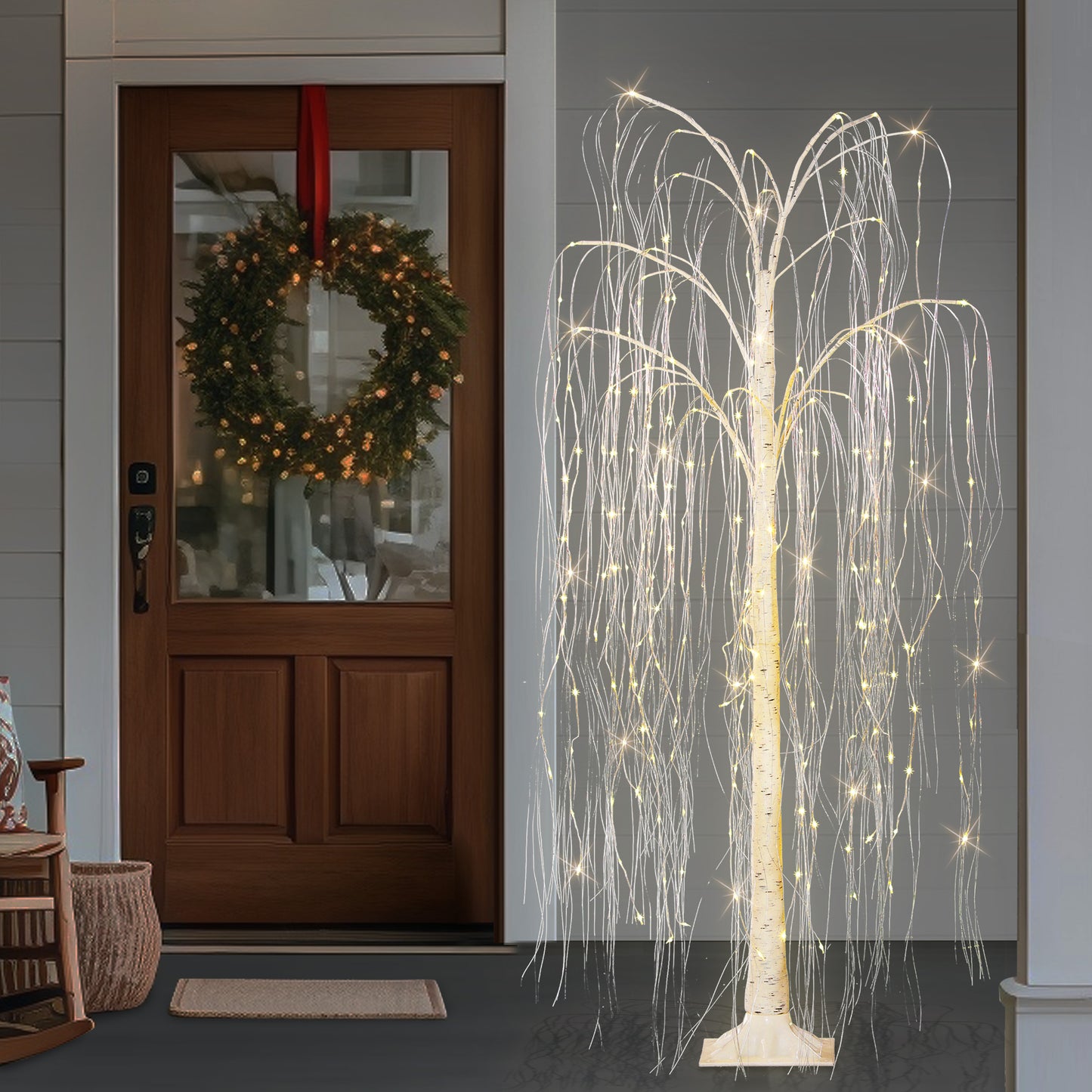 5 ft Pre-Lit Outdoor Willow Tree With 240 Warm White Multi-Function Dual LED Lights Outdoor UL Adapter Stand Included
