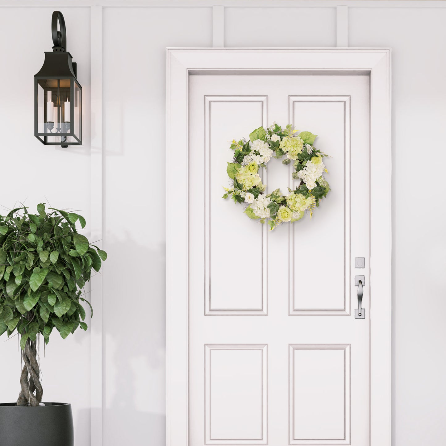 24" Artificial Hygrangea,Rose Floral Spring Wreath With Green Leaves