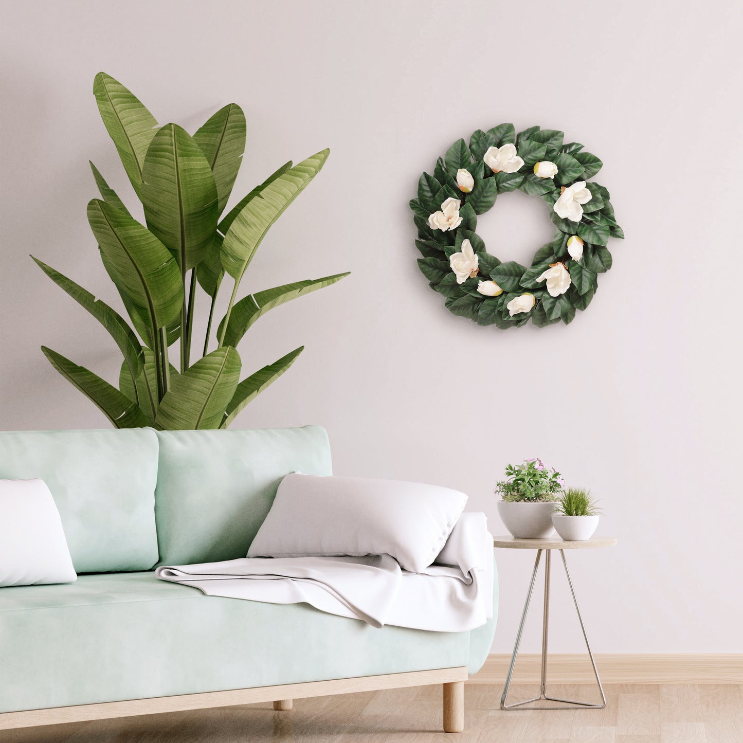24" Artificial Magnolia Floral Spring Wreath With Green Leaves