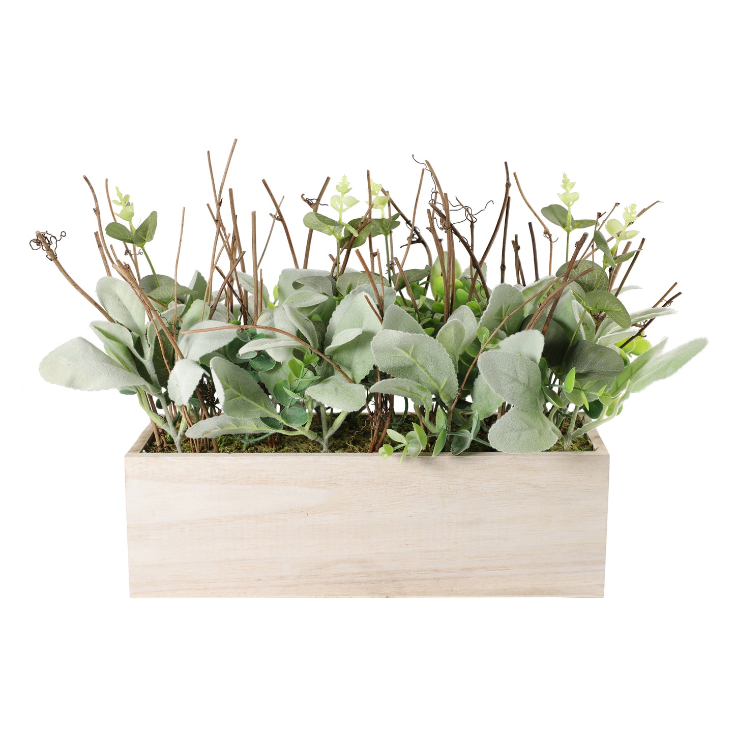 11" Lambs Ear Centerpiece with Twigs & Greenery Leaves in Wood Planter