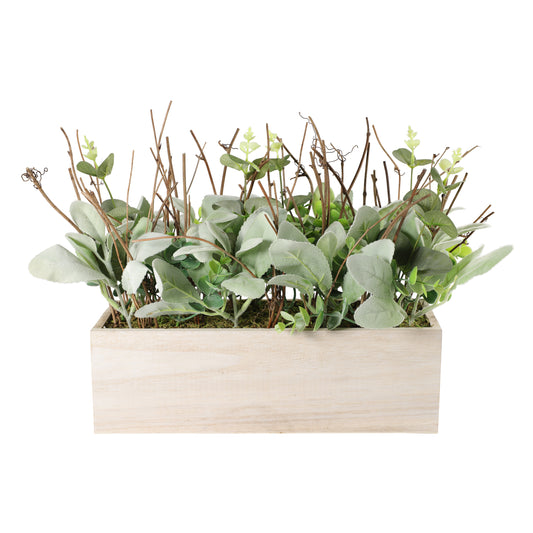 11" Lambs Ear Centerpiece with Twigs & Greenery Leaves in Wood Planter