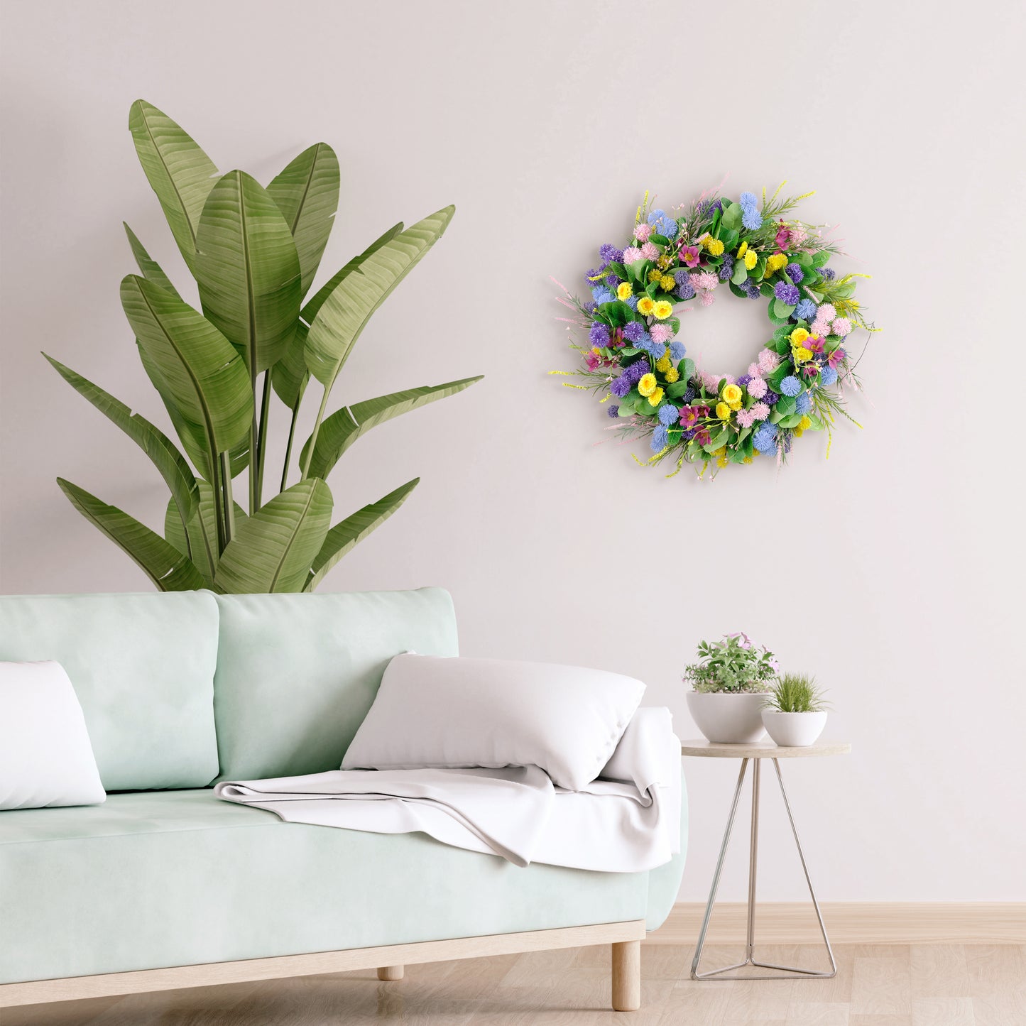 24" Artificial Echinops & Chrysanthethemum Floral Pink Spring Wreath