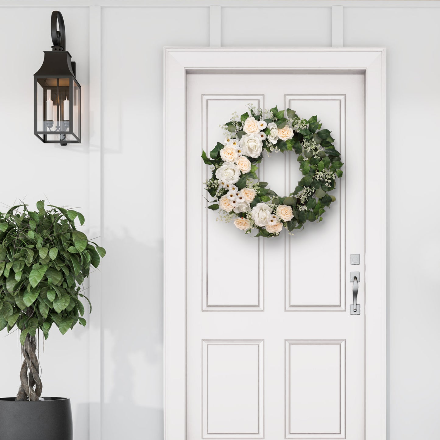 30" Artificial Rose,Camellia,babysbreath Floral Spring Wreath With Green Leaves