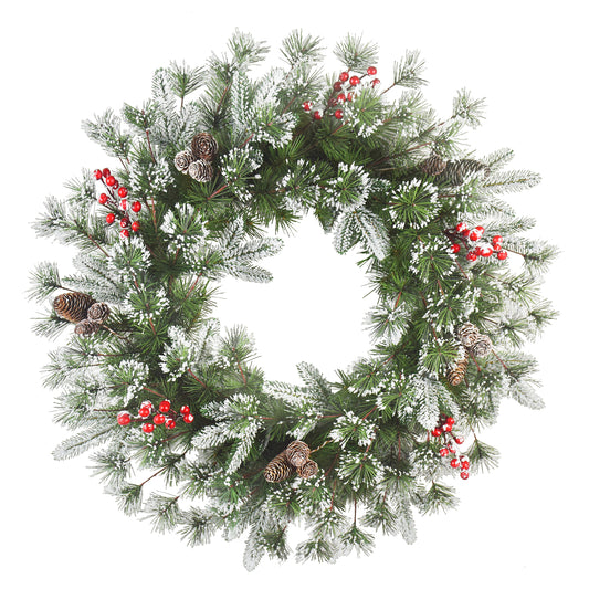 24" PE/PVC Decorated Wreath, 200 Tips, Pine Cones & Berries