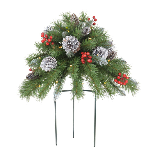 18" B/O Urn Filler, 62 Tips, 35 Warm White LED Lights (3 x AA batteries not included), 6/18 Hours On/Off Time Function, Pine Cones & Berries