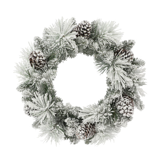 24 in Flocked Berkshire Spruce Wreath 56 Tips Pine Cones