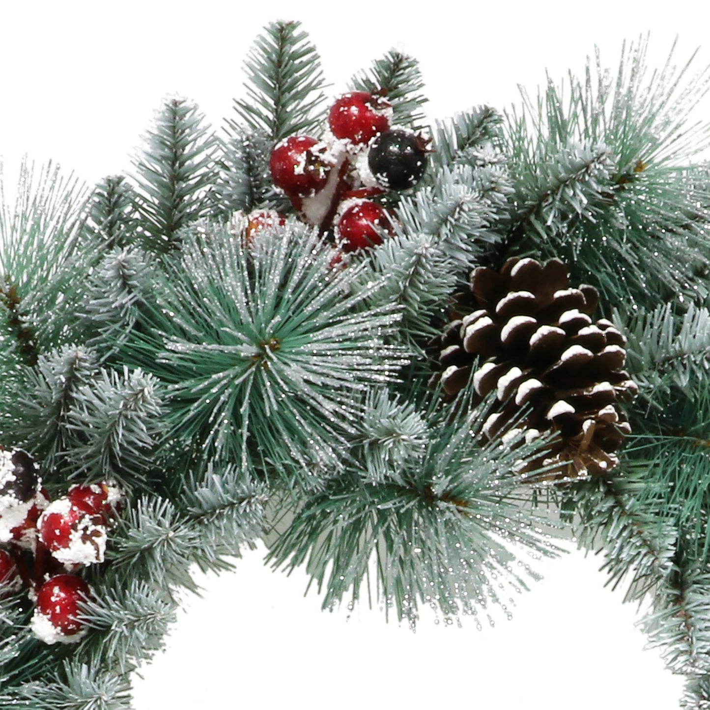 24 in Sterling Spruce Wreath with White Frosted Branch Tips and Sliver Glitter Accents Pinecones and Red Berries Indoor/Outdoor Use Blue/Green