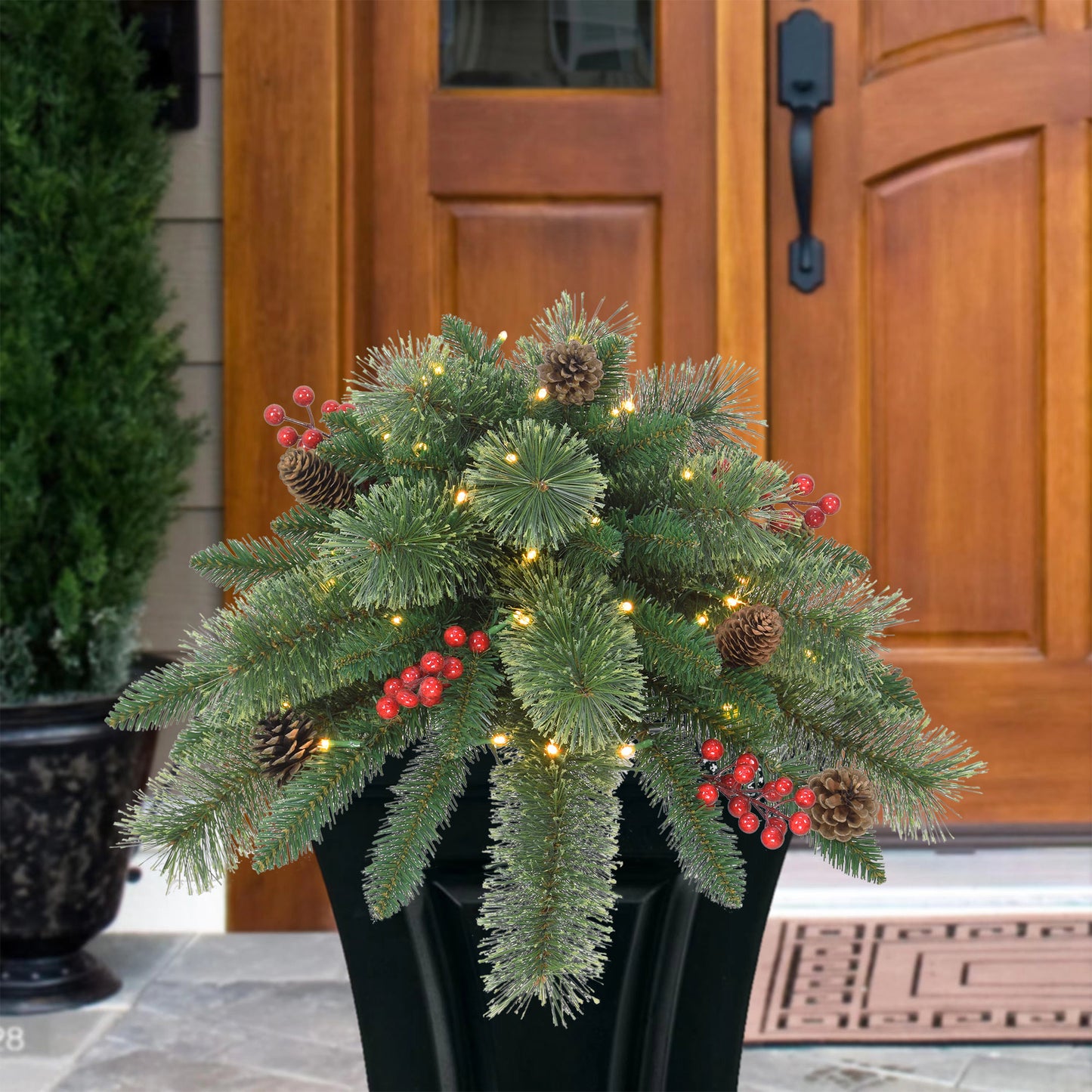 18" Cashmere Branch Urn Filler, 55 Tips, 35 B/O Warm White LED Light (3 x AA batteries not included), On/Off Timer Function, Pine Cones & Berries