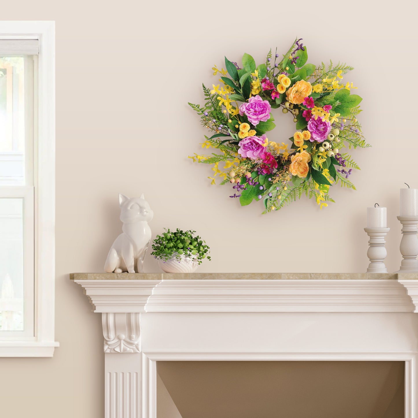 24" Artificial Peony & Winter Jasmine Floral Spring Wreath