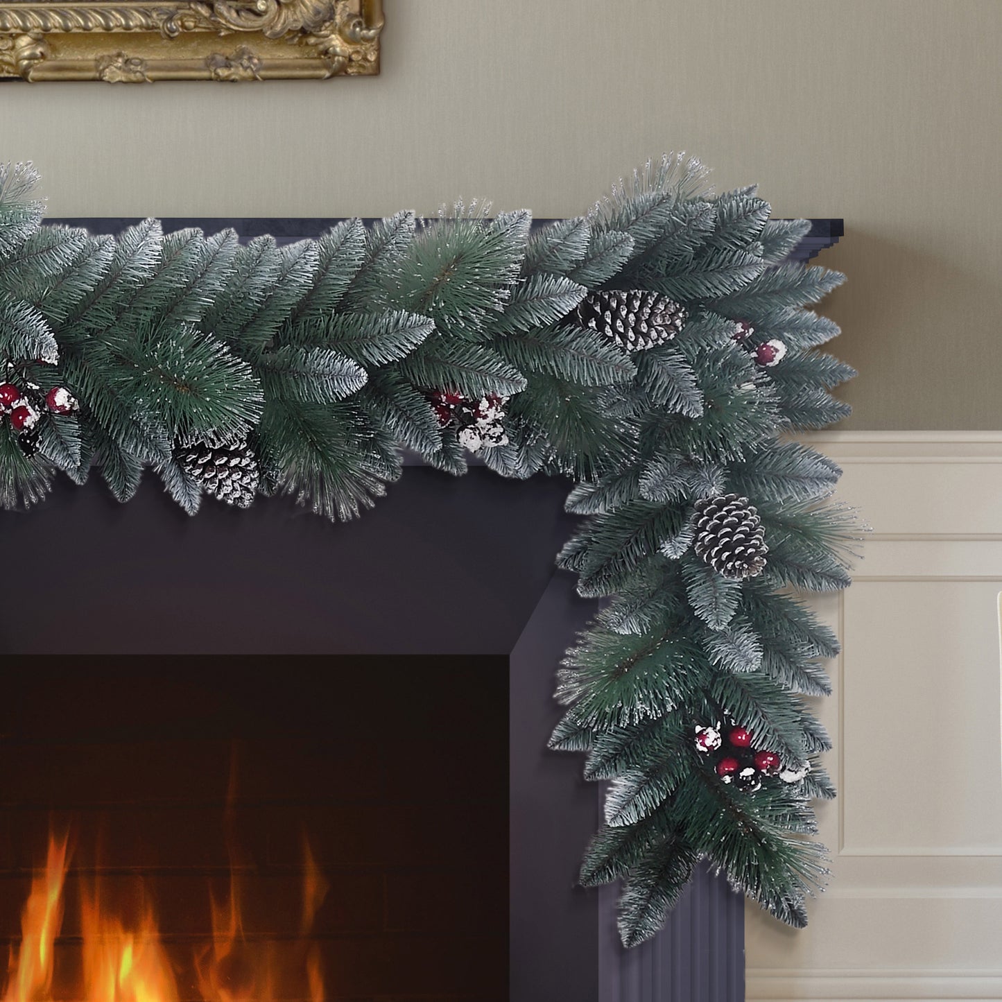 9' Sterling Pine Artificial Garland with Pine Cones, Red Berries and Silver Glitter accents