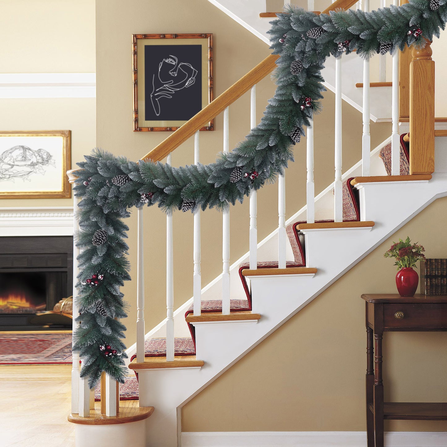 9' Sterling Pine Artificial Garland with Pine Cones, Red Berries and Silver Glitter accents