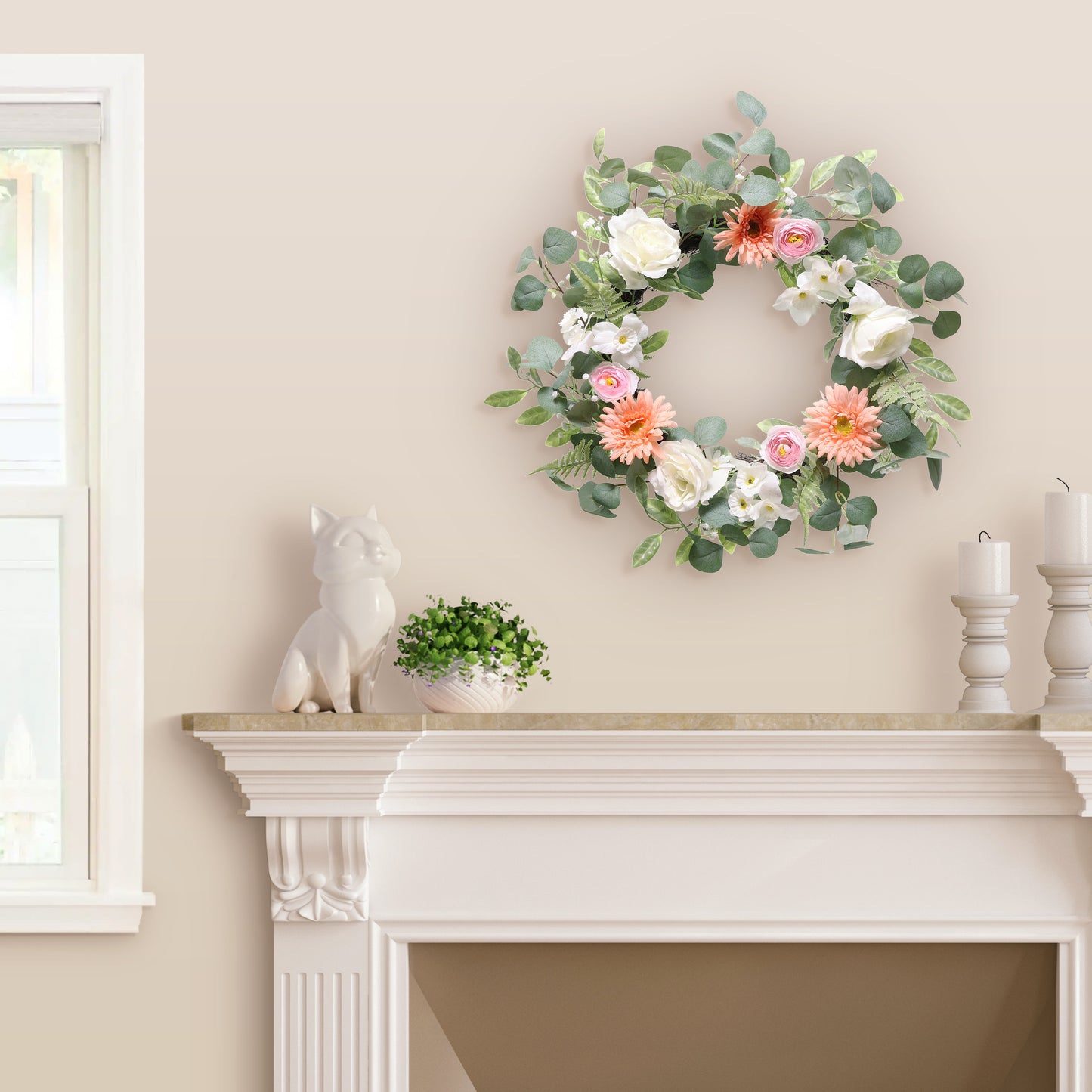 24"Artificial Chrysanthethemum Rose & Ranunculus Floral Spring Wreath