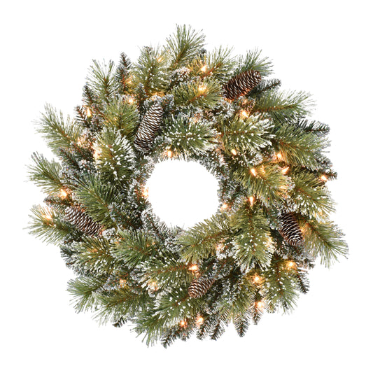 24" Pre-Lit Snowy Wreath with 50 Clear Incandescent Lights
