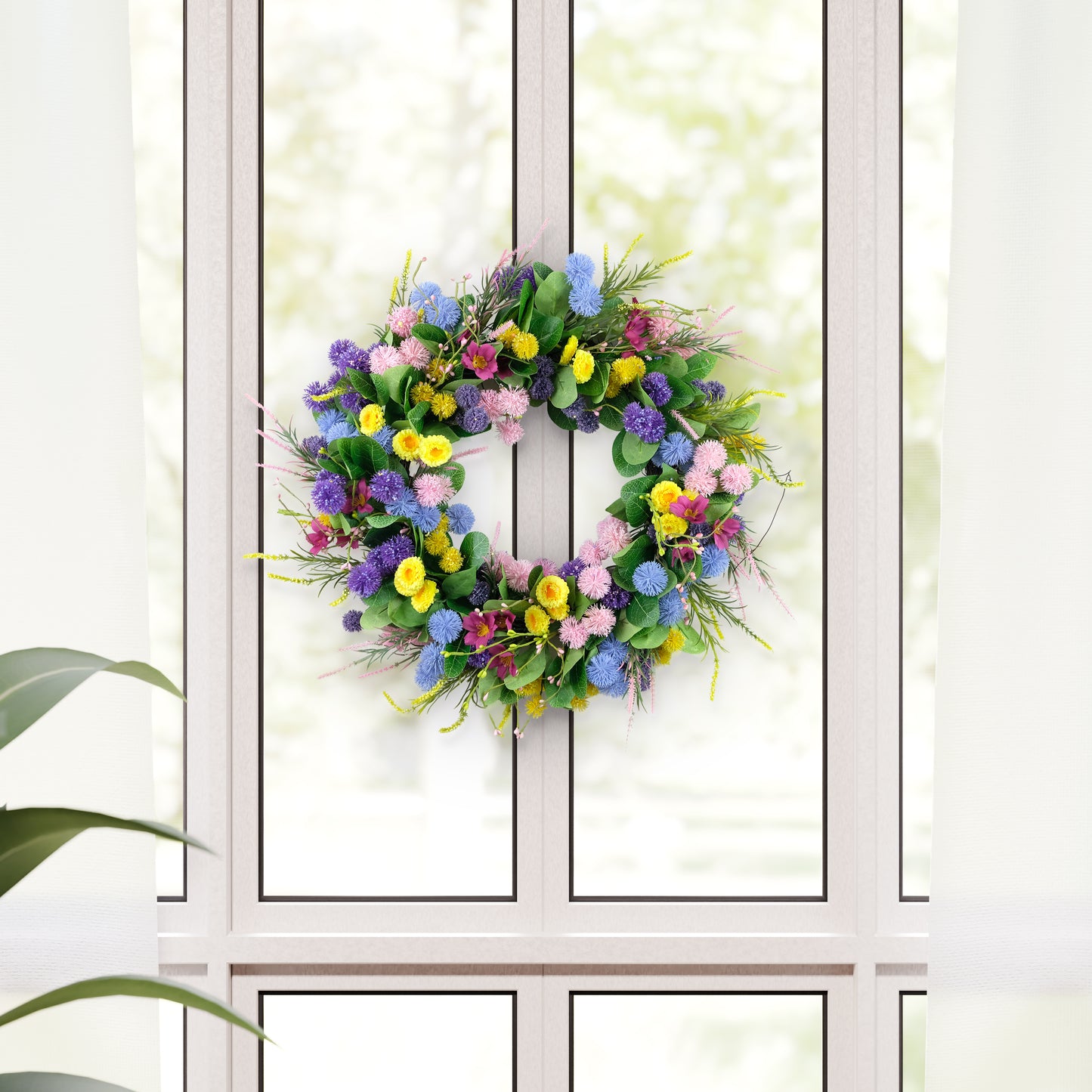 24" Artificial Echinops & Chrysanthethemum Floral Pink Spring Wreath