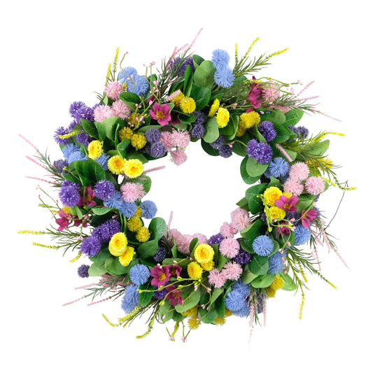 24" Artificial Echinops & Chrysanthethemum Floral Pink Spring Wreath