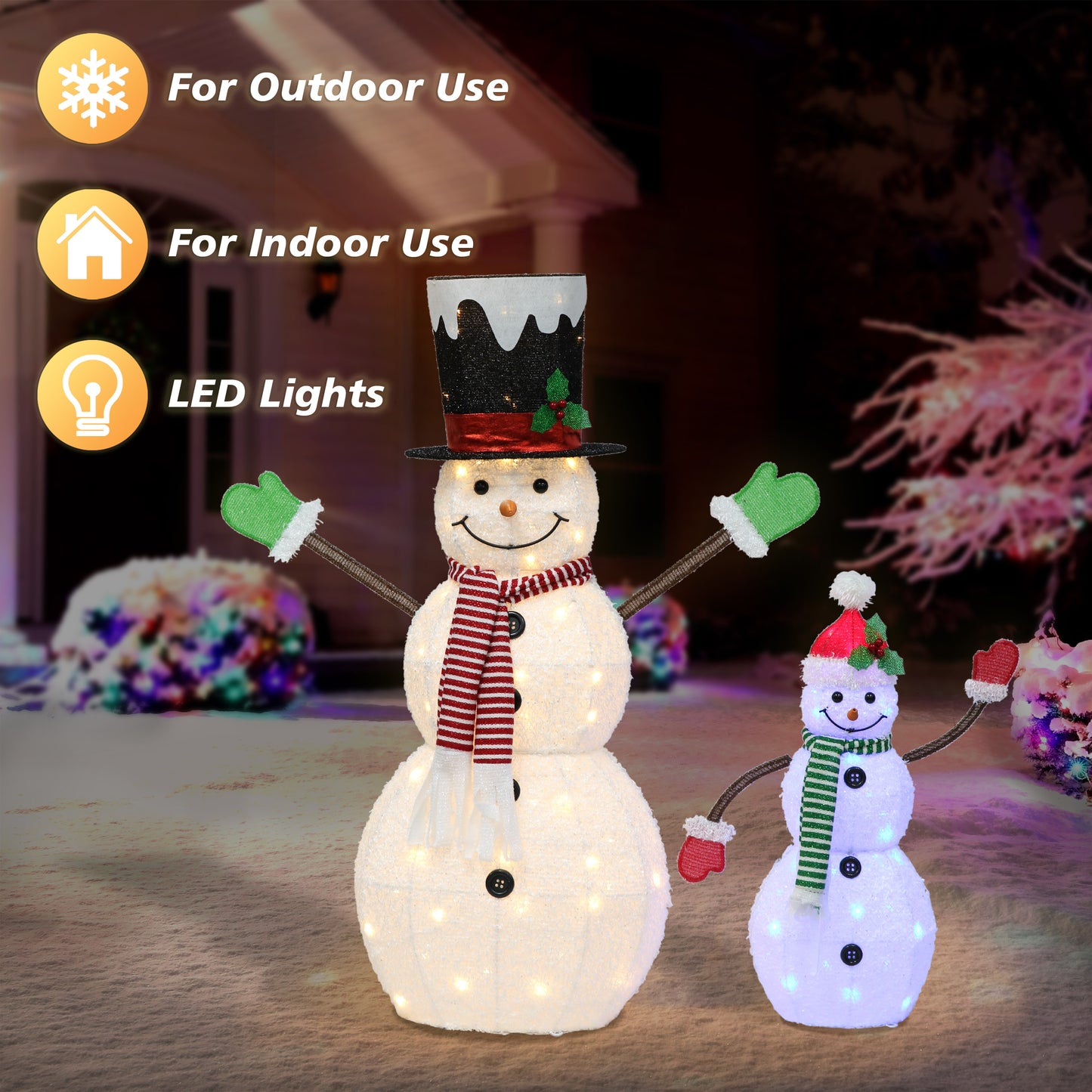 2-Piece Lighted Snowmen Set with 100 White and Blue Lights