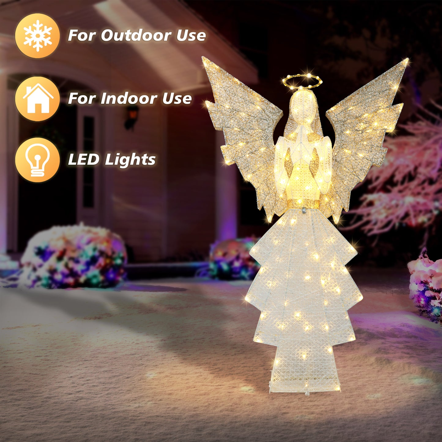 60" Outdoor Lighted Angel with 140 Lights, Gold/White