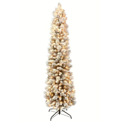 7.5' Pre-Lit Flocked Portland Pine Pencil  Tree with 350 UL-Listed Clear Lights