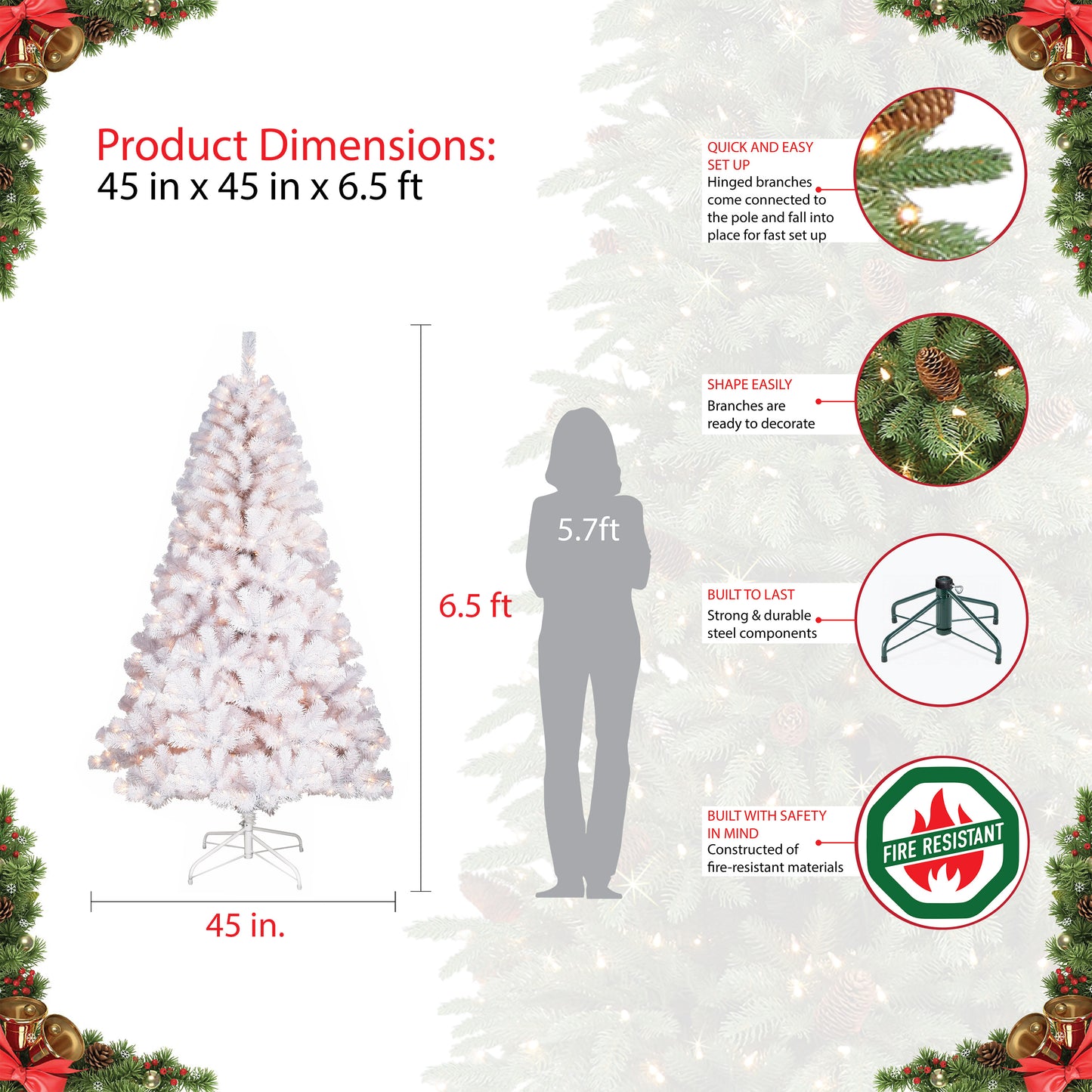 Pre-Lit 6.5' White Northern Fir Artificial Christmas Tree with 400 Lights, White