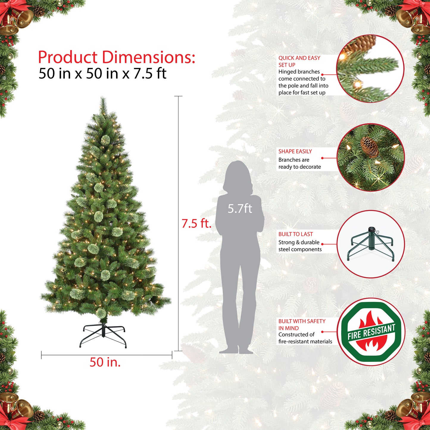 Pre-Lit 7.5' Western Pine Artificial Christmas Tree with 600 Lights, Green