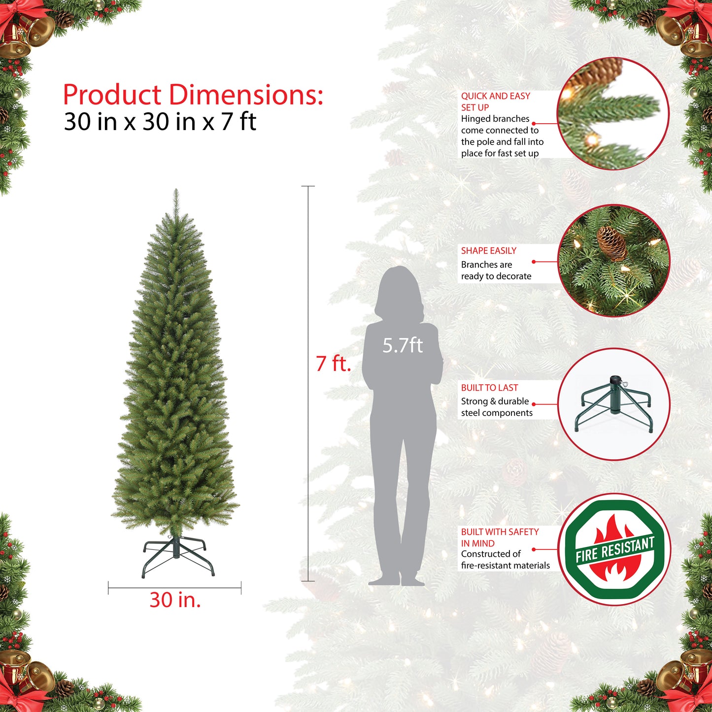 7' Pencil Fraser Fir Artificial Christmas Tree with Stand, Green