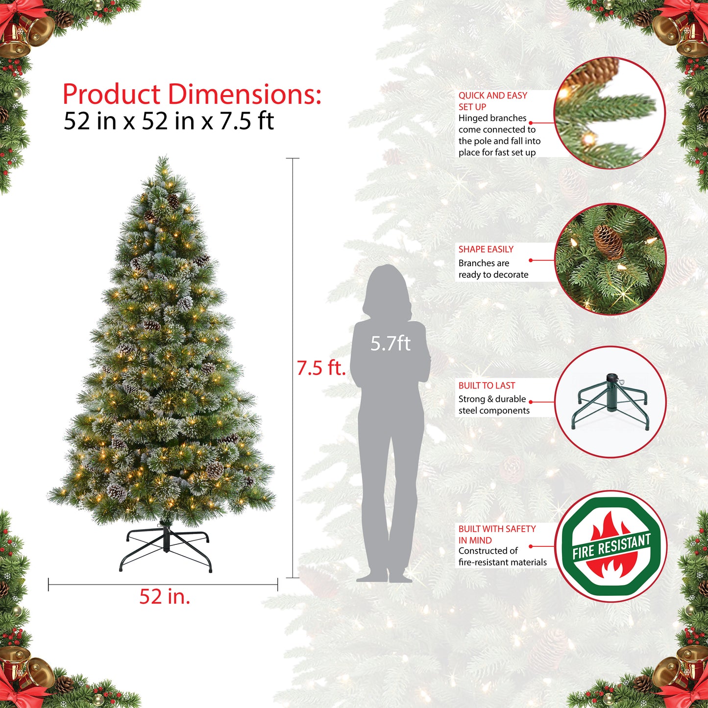 Pre-Lit 7.5' Frosted Boulder Pine Artificial Christmas Tree with 450 Lights, Green