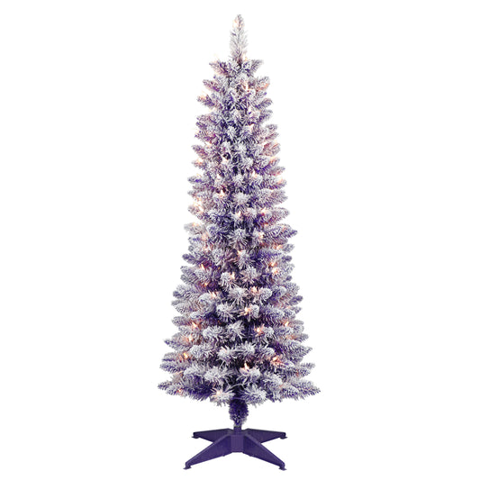 Pre-Lit 4.5' Flocked  Fashion Purple Pencil Artificial Christmas Tree with 100 Lights, Purple