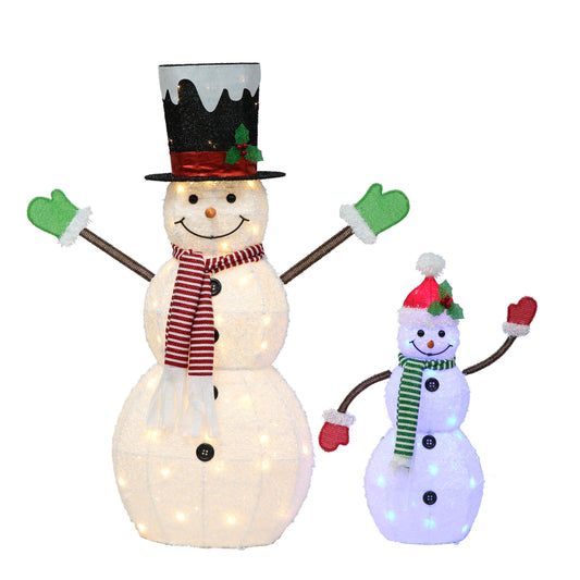 2-Piece Lighted Snowmen Set with 100 White and Blue Lights