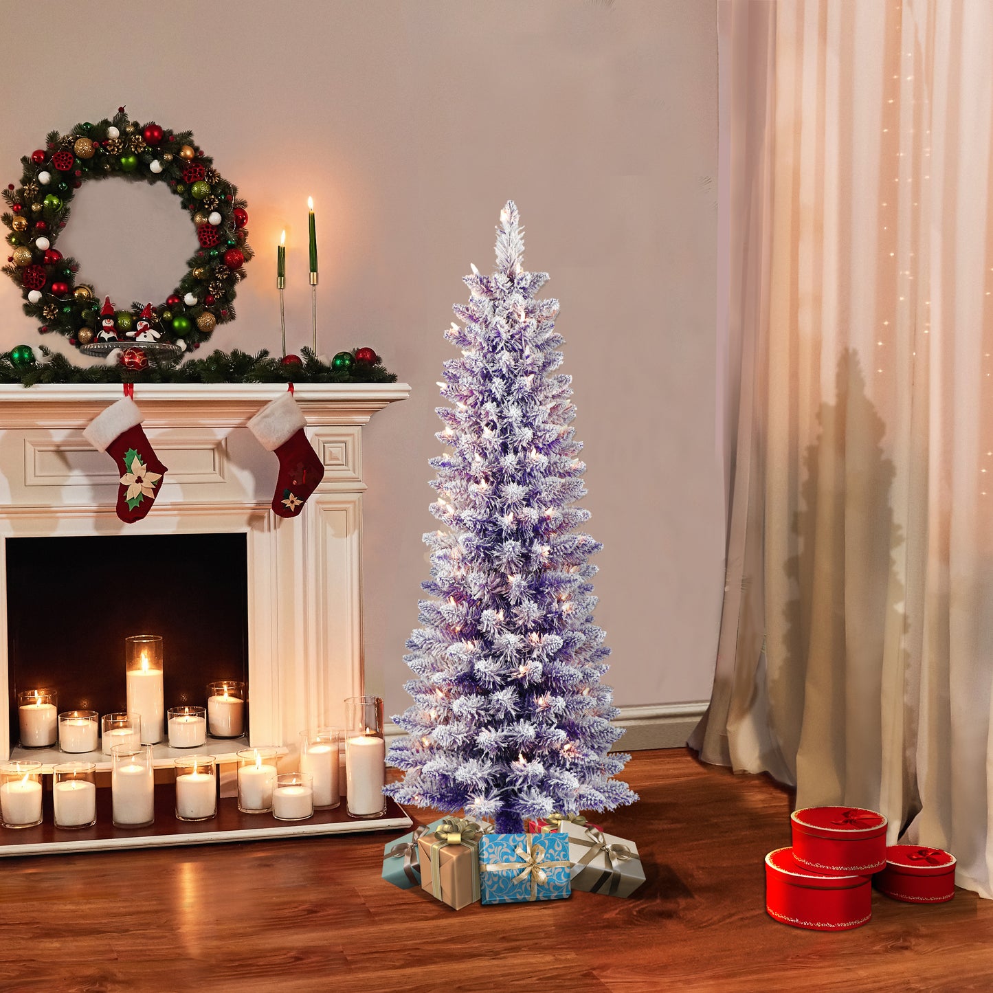 Pre-Lit 4.5' Flocked  Fashion Purple Pencil Artificial Christmas Tree with 100 Lights, Purple