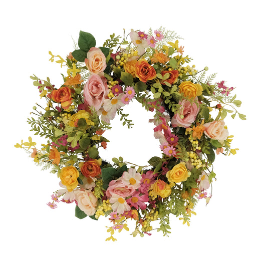 24" Artificial Rose And Dogwood And Daisy Floral Spring Wreath