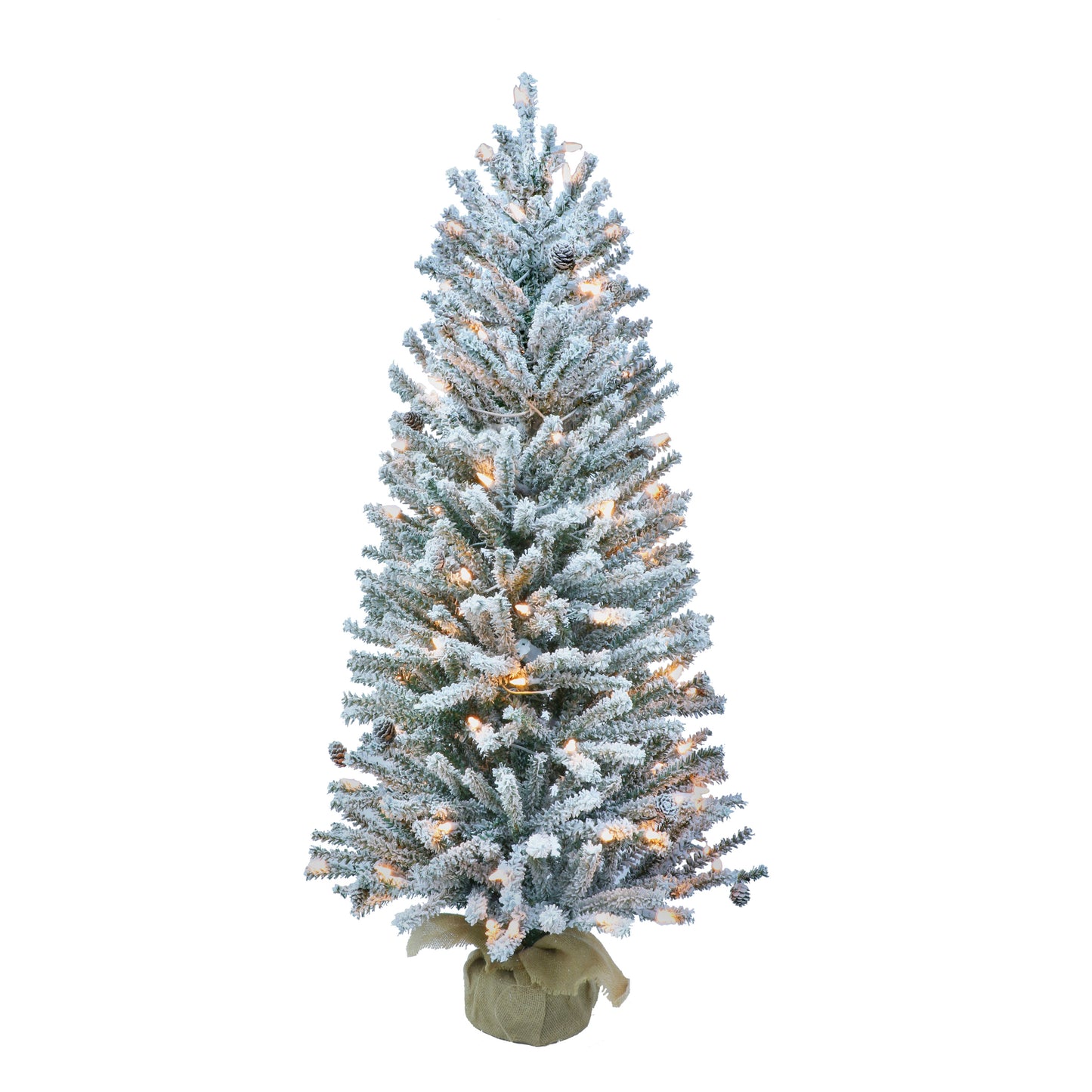 Pre-Lit 4' Flocked Fir Artificial Christmas Tree with Pines Cones, and 100 Lights, Green