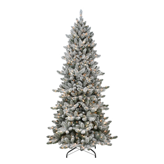 Pre-Lit 7.5' Slim Flocked Royal Majestic Spruce Artificial Christmas Tree, Green