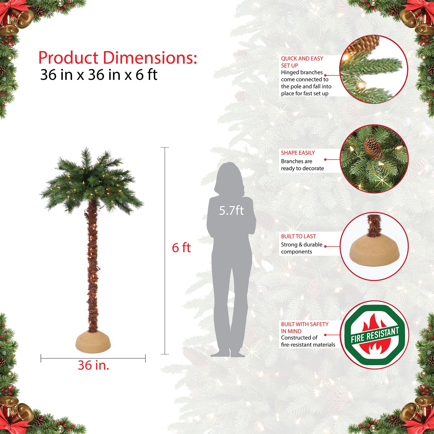 6' Pre-Lit Artificial Palm Tree with 150 UL-Listed Lights