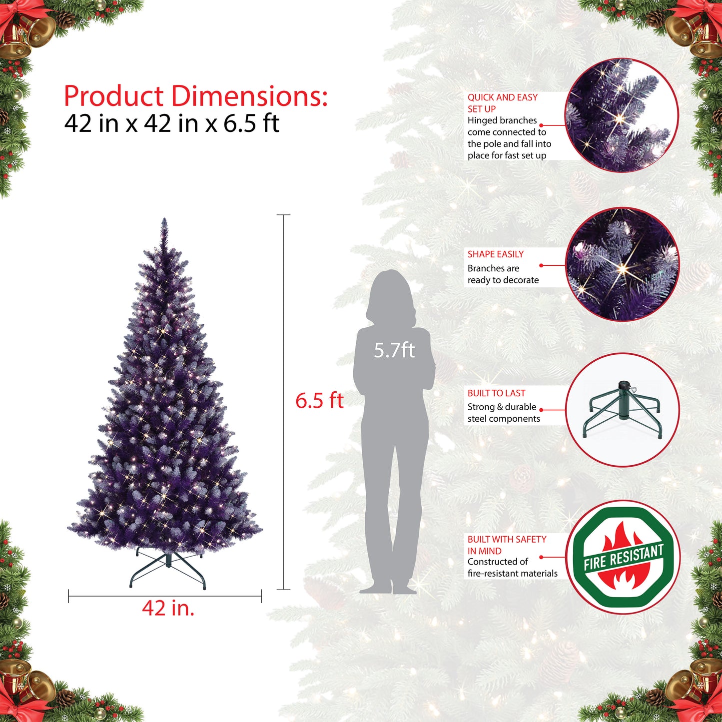 6.5' Pre-Lit Fashion Purple Artificial Christmas Tree with 300 UL-Listed Clear Incandescent Lights