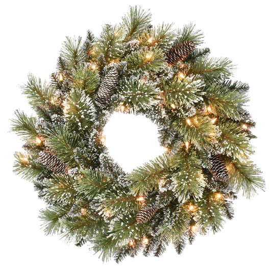 24" Pre-Lit Snowy Wreath with 50 Clear Incandescent Lights