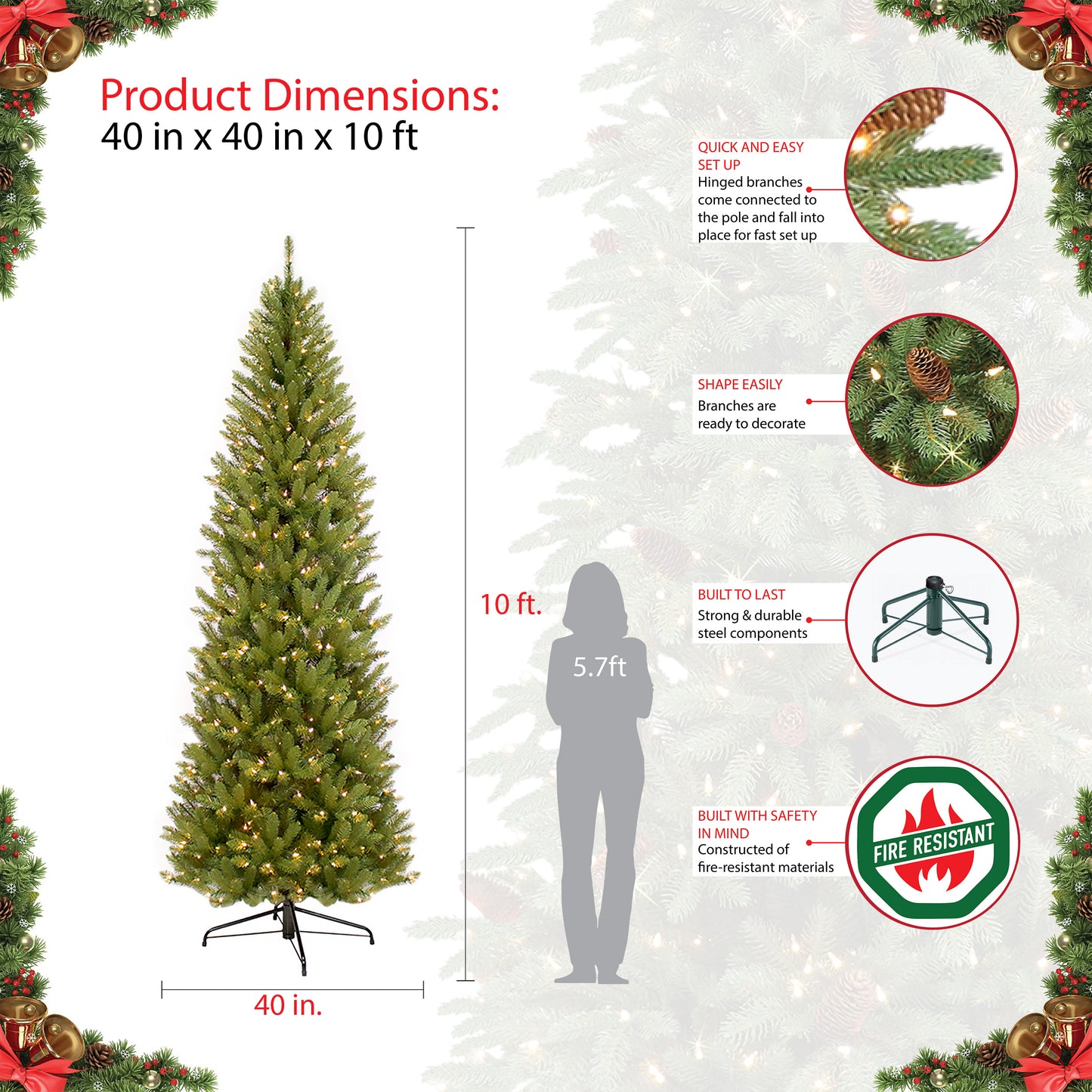10' Pre-Lit Pencil Fraser Fir Pencil Artificial Christmas Tree with 650 UL-Listed Clear Lights