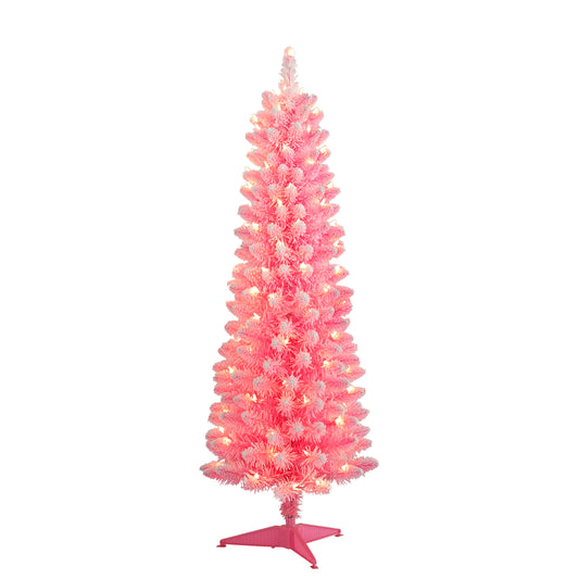 Pre-Lit 4.5' Flocked Fashion Pink Pencil Artificial Christmas Tree with 100 Lights, Pink