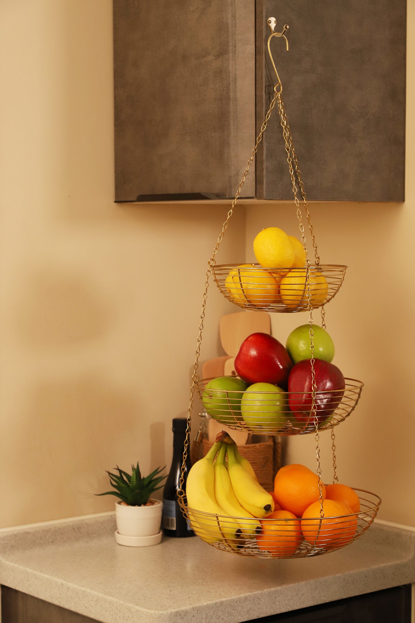 3 Tier Hanging Metal Basket in Gold/Copper