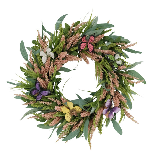 24" Artificial Salix Leaf With Butterfly Floral Spring Wreath