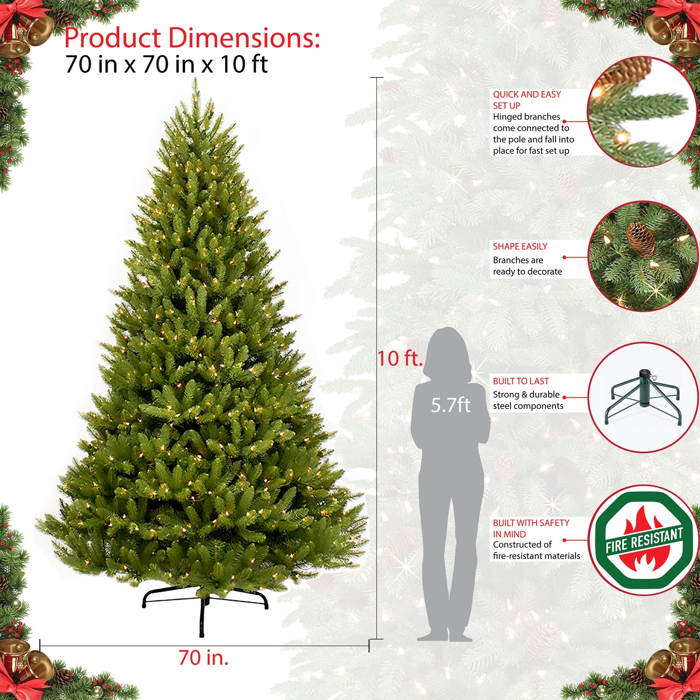 10' Pre-Lit  Fraser Fir Artificial Christmas Tree with 1300 Clear UL-Listed Lights