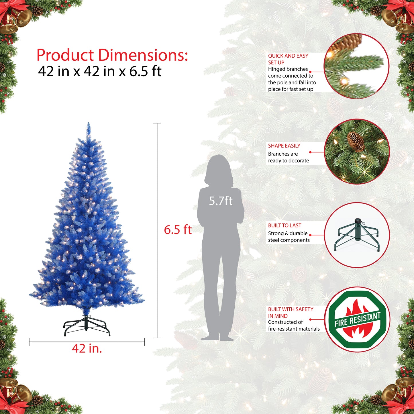 Pre-Lit 6.5' Fashion Blue Artificial Christmas Tree with 300 Lights, Blue