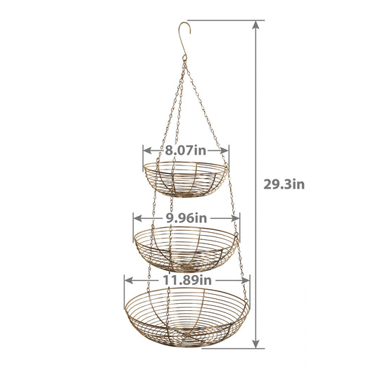 3 Tier Hanging Metal Basket in Gold/Copper