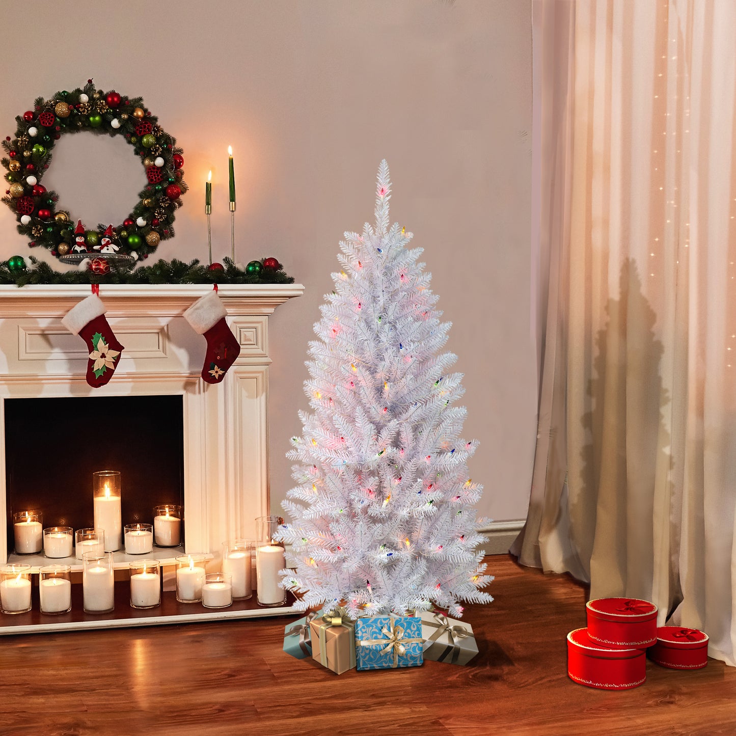 Pre-Lit 4.5' Pencil White Fraser Fir Artificial Christmas Tree with 150 Lights, White