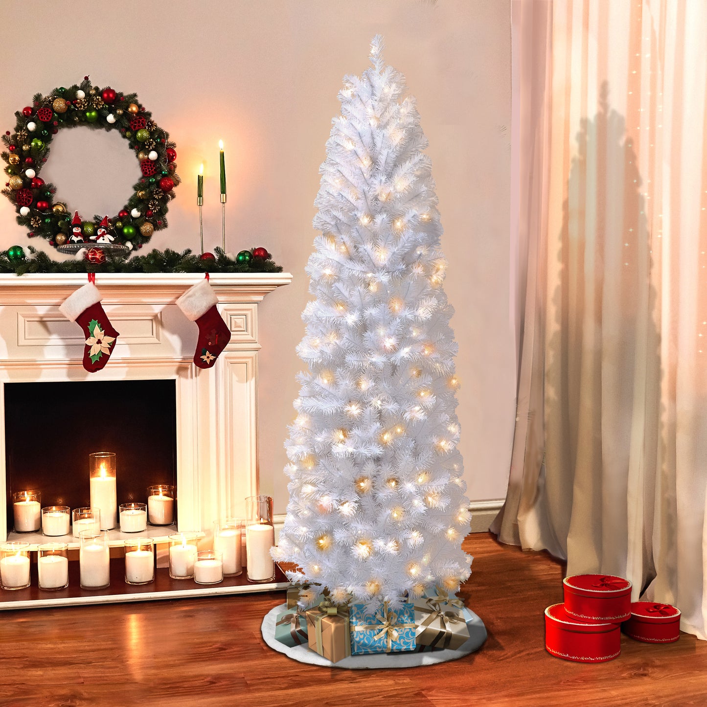 Pre-Lit 7.5' White Pencil Northern Fir Artificial Christmas Tree with 350 Lights, White