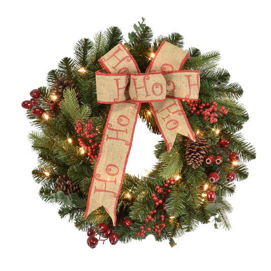 24" Pre-Lit Decorated wreath with 35 Clear Incandescent Lights
